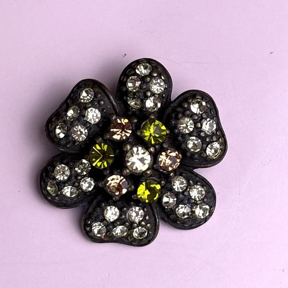 Vintage Rhinestone Brooch Pin Citrine Colors Bronze Casting Multi Stones